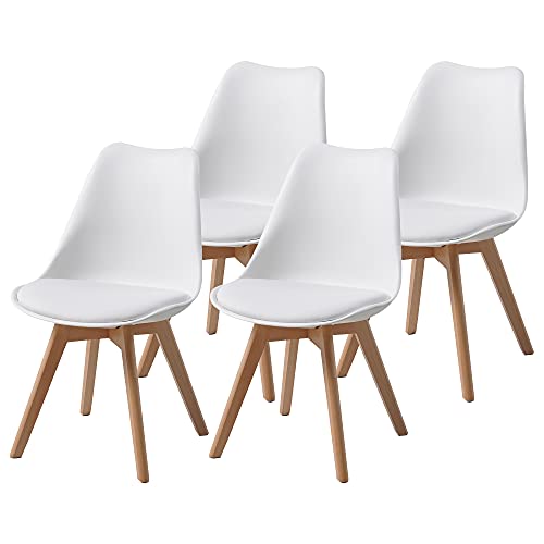 Albatros Sillas de Comedor AARHUS, Juego de 4, Blanco con Patas en Madera Maciza, Haya, Diseño Retro Escandinavo