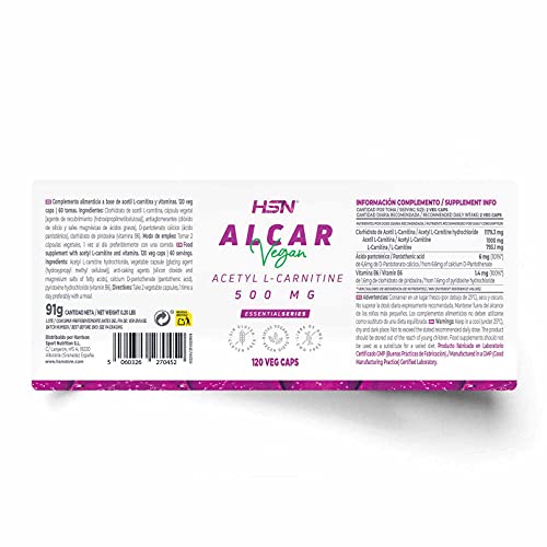 ALCAR de HSN | 500 mg | 120 Cápsulas Vegetales de Acetil L Carnitina | Producción de Energía + Perder Peso + Función Cognitiva (Nootrópico) | No-GMO, Vegano, Sin Gluten, Sin Lactosa