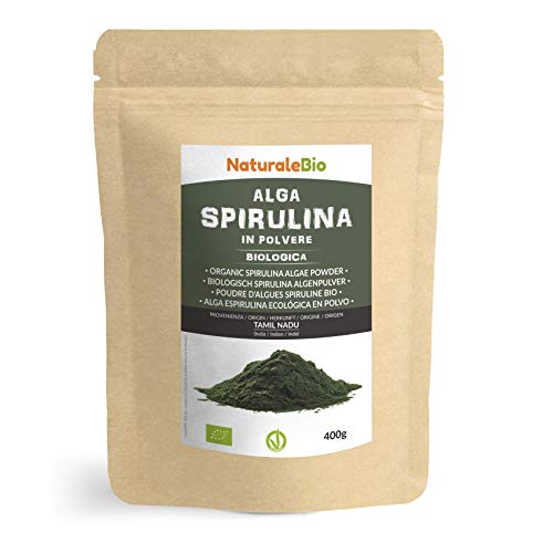 Alga Espirulina Ecológica En Polvo 400g. Orgánica, Natural y Pura, Cultivada en India en Tamil Nadu. Ideal en bebidas y batidos, o recetas. Apto para vegetarianos y veganos. NaturaleBio