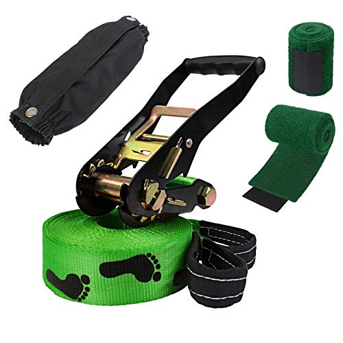 ALPIDEX Slackline 15 m 2t + 2 x Protector de árbol + Protector de trinquete, Color:Huella. Verde