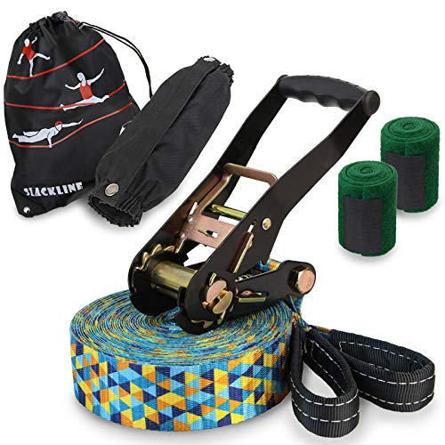 ALPIDEX Slackline Set 15 m + Protector de árbol y Protector de trinquete, Ideal para niños, Principiantes y Expertos