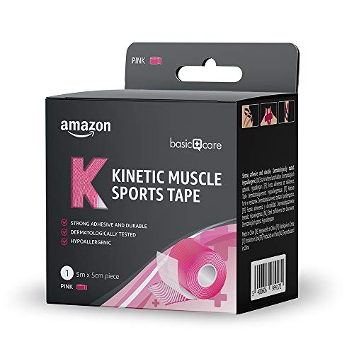 Amazon Basic Care - Cinta kinesiológica deportiva para musculatura, 5 x 5 cm, 2 cintas, 1 azul y 1 rosa