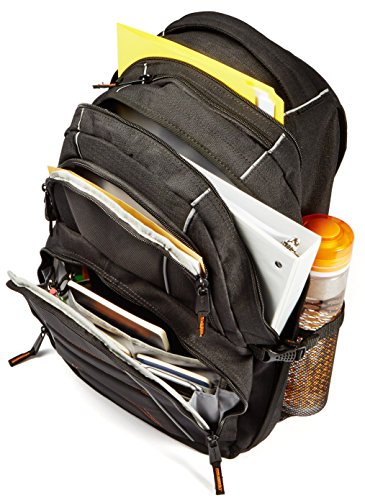 Amazon Basics - Mochila, compatible con la mayoría de los ordenadores portátiles de 43 cm, con tirantes acolchados y compartimentos de almacenamiento para bolígrafos, llaves y teléfono móvil, negra