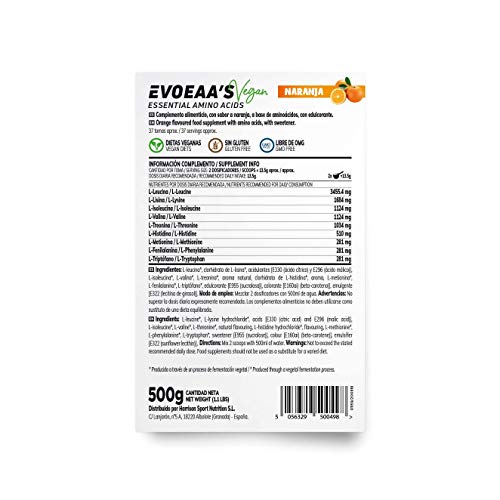 Aminoácidos Esenciales en Polvo de HSN Evoeaa's | Sabor Naranja 500 g = 37 Tomas por Envase | Leucina, Isoleucina, Valina, Lisina, Metionina, Treonina, Triptófano, Histidina, Fenilalanina