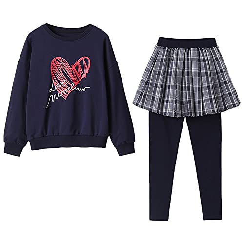 amropi Niñas Leggings Mallas Largas con Falda y Manga Larga Jersey Sudadera Tops 2 Piezas Traje Ropa Conjunto (Marino Gris,12-13 años)