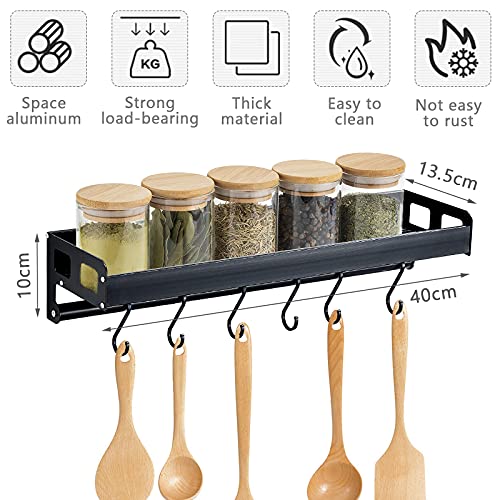 Amzeeniu Estante de Cocina con 6 Ganchos,Organizadores Para Utensilios de Cocina,Especiero de cocina autoadhesivo,Estante de Cocina de Sin Perforación,Aluminio,Negro,Para baño de Cocina,Pasillo,etc.