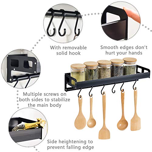 Amzeeniu Estante de Cocina con 6 Ganchos,Organizadores Para Utensilios de Cocina,Especiero de cocina autoadhesivo,Estante de Cocina de Sin Perforación,Aluminio,Negro,Para baño de Cocina,Pasillo,etc.