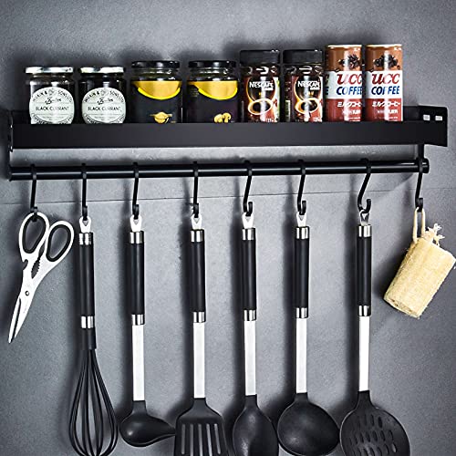 Amzeeniu Estante de Cocina con 6 Ganchos,Organizadores Para Utensilios de Cocina,Especiero de cocina autoadhesivo,Estante de Cocina de Sin Perforación,Aluminio,Negro,Para baño de Cocina,Pasillo,etc.