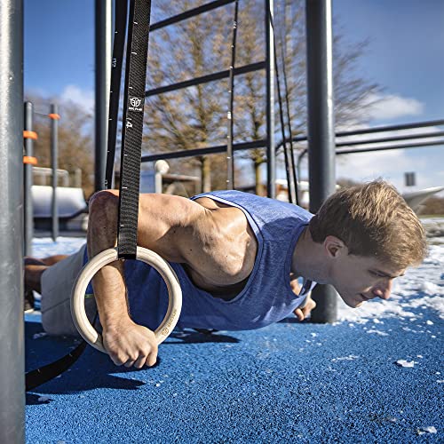 Anillas de Gimnasia de Madera de Abedul, Tamaño Olímpico de 28 mm de Diámetro, Correas de Suspensión ajustables para Fitness, Musculación, Peso del Cuerpo, Street Workout, 300 kg max