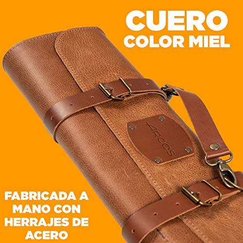 ARCOS Bolsa cuchillos Arcos| Bolsa cuchillos cocina profesional Arcos | Estuche profesional porta cuchillos Arcos| 10 pzas | 42 cm largo | Asa para transportar| Cuero color miel| Hebilla ajustable