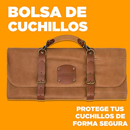 ARCOS Bolsa cuchillos Arcos| Bolsa cuchillos cocina profesional Arcos | Estuche profesional porta cuchillos Arcos| 10 pzas | 42 cm largo | Asa para transportar| Cuero color miel| Hebilla ajustable