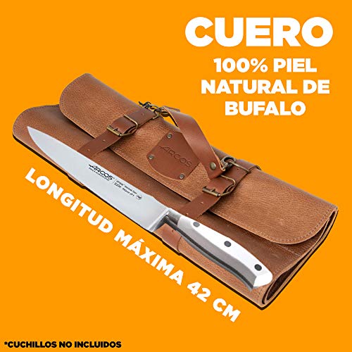 ARCOS Bolsa cuchillos Arcos| Bolsa cuchillos cocina profesional Arcos | Estuche profesional porta cuchillos Arcos| 10 pzas | 42 cm largo | Asa para transportar| Cuero color miel| Hebilla ajustable