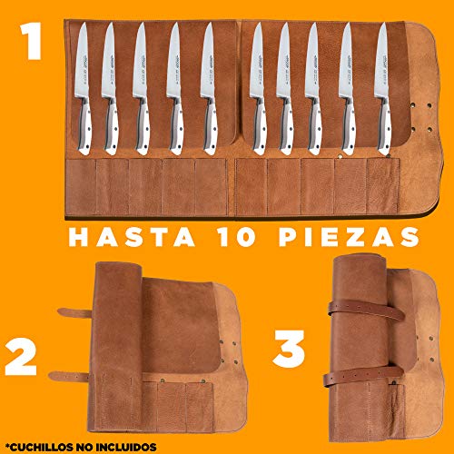 ARCOS Bolsa cuchillos Arcos| Bolsa cuchillos cocina profesional Arcos | Estuche profesional porta cuchillos Arcos| 10 pzas | 42 cm largo | Asa para transportar| Cuero color miel| Hebilla ajustable