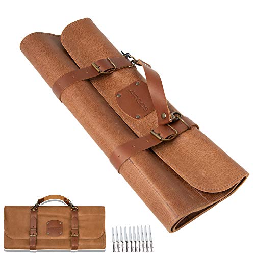 ARCOS Bolsa cuchillos Arcos| Bolsa cuchillos cocina profesional Arcos | Estuche profesional porta cuchillos Arcos| 10 pzas | 42 cm largo | Asa para transportar| Cuero color miel| Hebilla ajustable