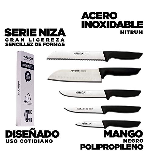 Arcos Juego Cuchillos Cocina Profesionales| Cuchillos Cocina Profesional | Cuchillos Acero Inoxidable Arcos | Mango Negro | utensilios de cocina | cuchillo japones Santoku | lavavajillas (5 Piezas)