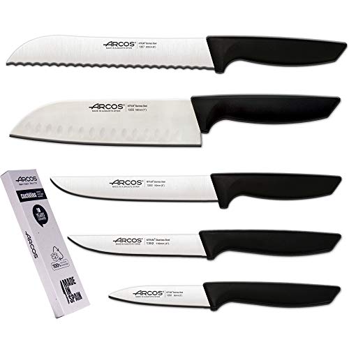 Arcos Juego Cuchillos Cocina Profesionales| Cuchillos Cocina Profesional | Cuchillos Acero Inoxidable Arcos | Mango Negro | utensilios de cocina | cuchillo japones Santoku | lavavajillas (5 Piezas)