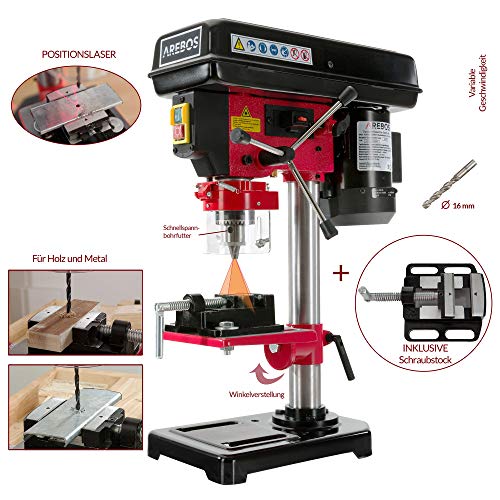 Arebos Taladro de columna con láser de posición integrado 500W | Taladro de mesa incluye portabrocas de corona dentada de 16 mm y tornillo de banco | ángulo de inclinación de 0 a 45 grados