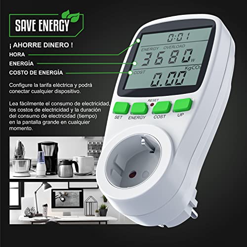 Arendo - Instrumento de medida de gastos energéticos - Contador de electricidad - Indicador de tiempo energía costes - Elementos de mando - 3680 W - Protección para niños - Color blanco