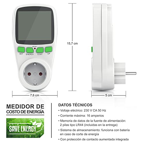 Arendo - Instrumento de medida de gastos energéticos - Contador de electricidad - Indicador de tiempo energía costes - Elementos de mando - 3680 W - Protección para niños - Color blanco