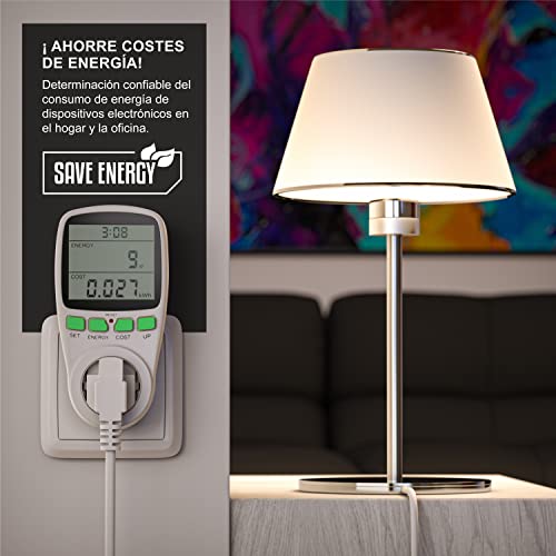 Arendo - Instrumento de medida de gastos energéticos - Contador de electricidad - Indicador de tiempo energía costes - Elementos de mando - 3680 W - Protección para niños - Color blanco