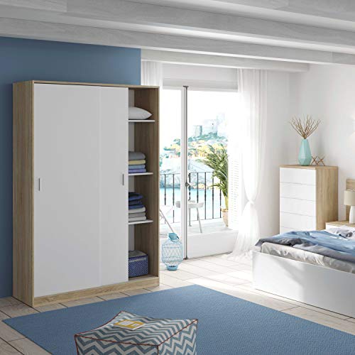 Armario 2 Puertas Correderas y Estantes, para Dormitorio o Habitacion, Modelo MAX, Acabado en Blanco Artik y Roble Canadian, Medidas: 120 cm (Largo) x 200 cm (Alto) x 50 cm (Fondo)