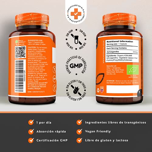 Ashwagandha Orgánica 500mg - KSM-66® Sin Excipientes - 100% Natural Cápsulas Veganas - Suplemento de Ayurvédico de Withania Somnifera (Ginseng Indio) - Hecho en el RU por Nutravita