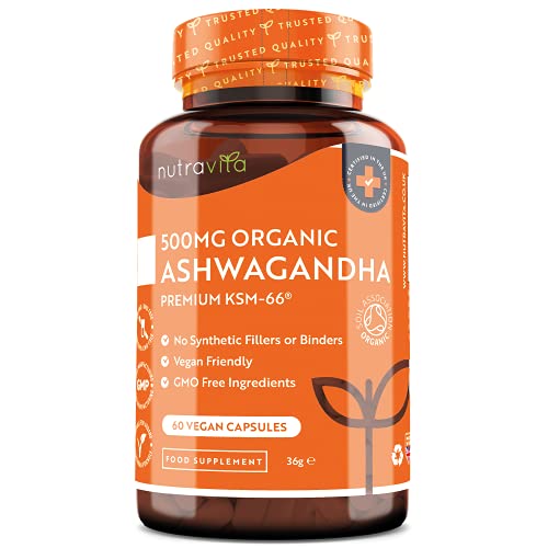 Ashwagandha Orgánica 500mg - KSM-66® Sin Excipientes - 100% Natural Cápsulas Veganas - Suplemento de Ayurvédico de Withania Somnifera (Ginseng Indio) - Hecho en el RU por Nutravita