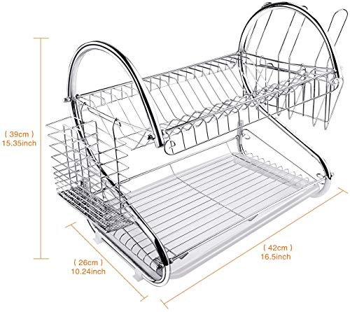 ASUNCELL Rejilla para Platos, escurridor de Platos de 2 Niveles, Rejilla para escurrir, Soporte para tazón, Palillos, Soporte para Tabla de Cortar