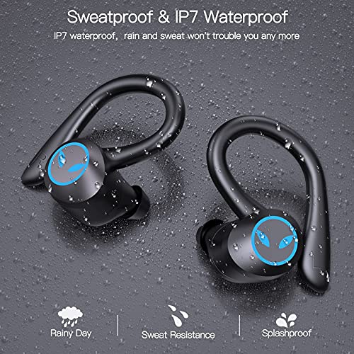 Auriculares Inalambricos Deportivos, Auriculares Bluetooth 5.1 con Micrófono, IP7 Impermeable, Reproducción de 45 Horas, Calidad de Sonido HD, Cascos Inhalabricos para Trabajos, Correr, Negro