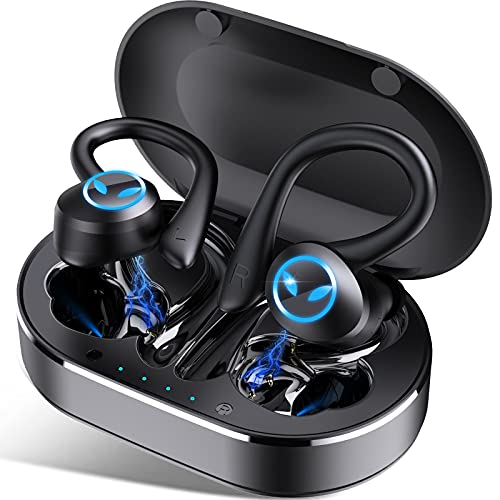 Auriculares Inalambricos Deportivos, Auriculares Bluetooth 5.1 con Micrófono, IP7 Impermeable, Reproducción de 45 Horas, Calidad de Sonido HD, Cascos Inhalabricos para Trabajos, Correr, Negro