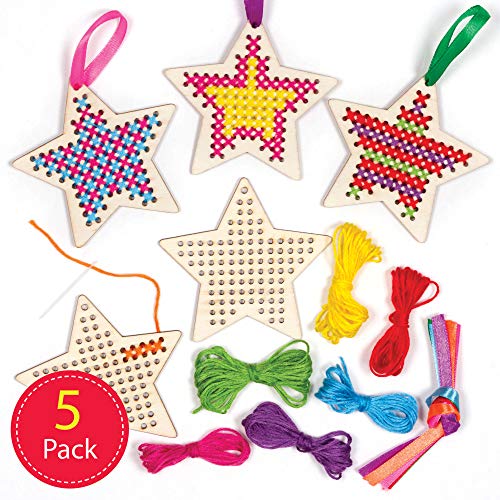 Baker Ross Kits Punto de Cruz de Madera Estrella (1 pack de 5 unidades) - Ideales para Manualidades y Decoraciones Navideñas