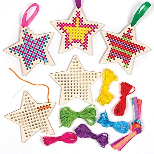 Baker Ross Kits Punto de Cruz de Madera Estrella (1 pack de 5 unidades) - Ideales para Manualidades y Decoraciones Navideñas