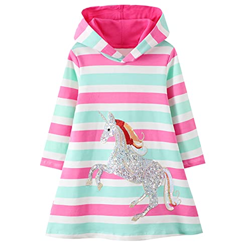 Baogaier Vestidos Niña Sudadera con Capucha Niñas Algodón Vestido Mangas Largas Blanco Azul Lentejuelas Unicornio Raya Aplique Pullover Tops Túnica Suéter Primavera Otoño Invierno Hoodie Ropa 5-6 años