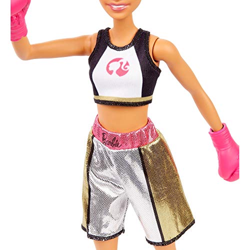 Barbie Quiero Ser Boxeadora, muñeca morena con guantes de boxeo rosa (Mattel GJL64)