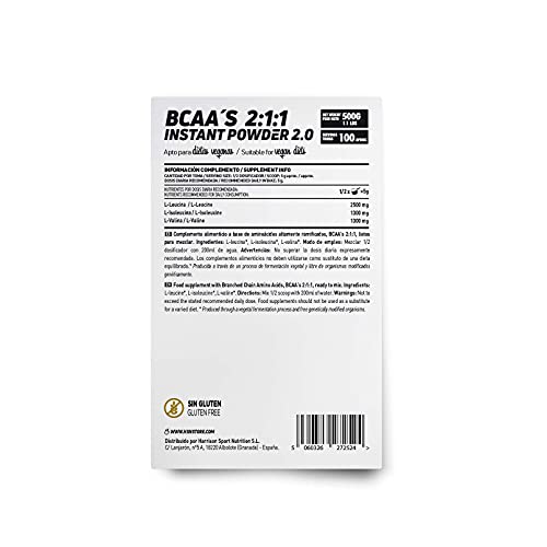 BCAA en Polvo de HSN | Disolución Instantánea | Aminoácidos Ramificados Ratio 2:1:1 | Ayuda a Ganar Masa Muscular + Recuperador Muscular | Apto Dieta Vegana, Sin Lactosa, Sabor Neutro, 500 gr