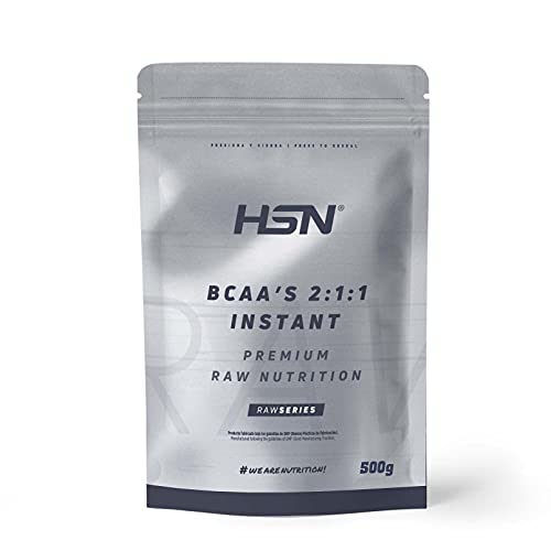 BCAA en Polvo de HSN | Disolución Instantánea | Aminoácidos Ramificados Ratio 2:1:1 | Ayuda a Ganar Masa Muscular + Recuperador Muscular | Apto Dieta Vegana, Sin Lactosa, Sabor Neutro, 500 gr