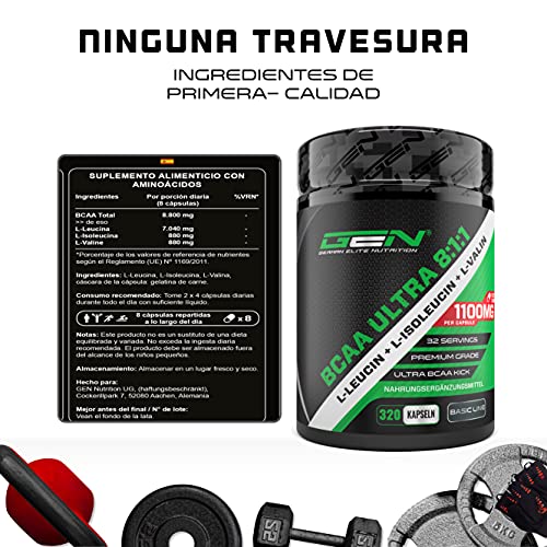 BCAA Ultra 8:1:1 - 320 Cápsulas - 1100 mg por cápsula - L-Leucina, L-Isoleucina, L-Valina - Alta dosis - Aminoácidos esenciales de cadena ramificada