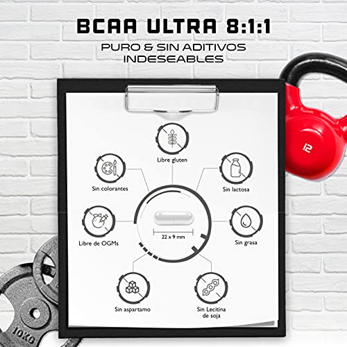 BCAA Ultra 8:1:1 - 320 Cápsulas - 1100 mg por cápsula - L-Leucina, L-Isoleucina, L-Valina - Alta dosis - Aminoácidos esenciales de cadena ramificada