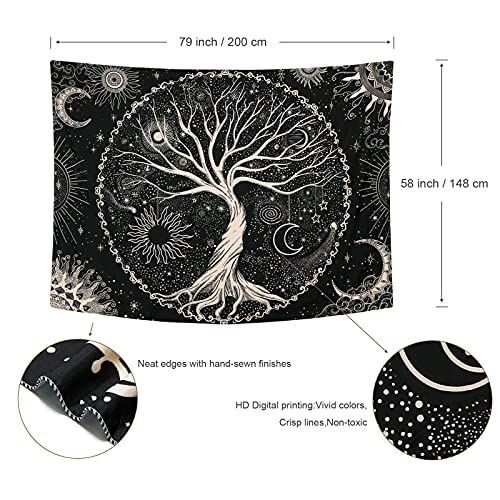 Betylifoy Tapiz de Árbol de la Vida Luna y Sol Tapiz Colgante de Pared Negro Mandala Psicodélico Tapiz de Pared Estrellado Hippie Arte de Pared Decoración para Fiesta de Dormitorio (148x200cm)