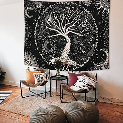 Betylifoy Tapiz de Árbol de la Vida Luna y Sol Tapiz Colgante de Pared Negro Mandala Psicodélico Tapiz de Pared Estrellado Hippie Arte de Pared Decoración para Fiesta de Dormitorio (148x200cm)