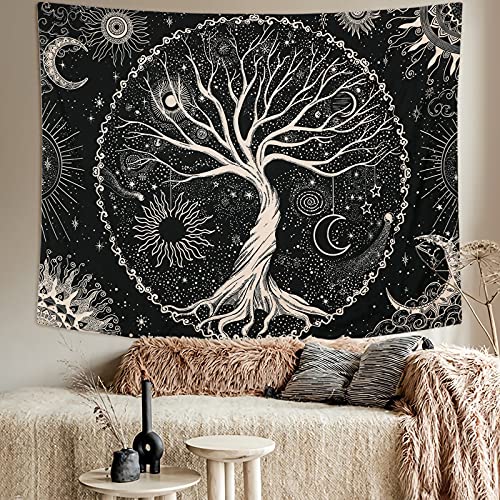 Betylifoy Tapiz de Árbol de la Vida Luna y Sol Tapiz Colgante de Pared Negro Mandala Psicodélico Tapiz de Pared Estrellado Hippie Arte de Pared Decoración para Fiesta de Dormitorio (148x200cm)