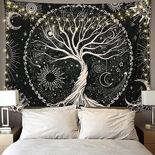 Betylifoy Tapiz de Árbol de la Vida Luna y Sol Tapiz Colgante de Pared Negro Mandala Psicodélico Tapiz de Pared Estrellado Hippie Arte de Pared Decoración para Fiesta de Dormitorio (148x200cm)