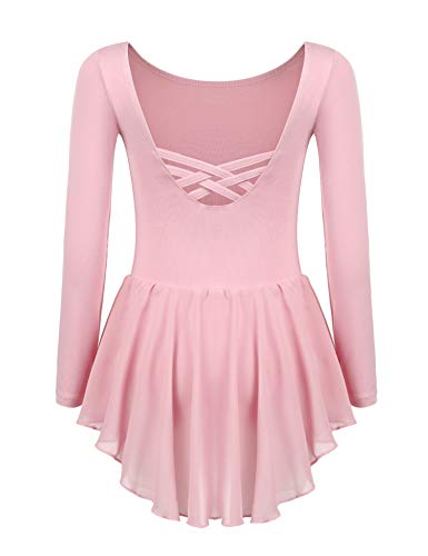 Beyove Vestido de ballet para niña, espalda descubierta, de algodón, manga larga, maillot de ballet para niños, vestido de danza con falda tutú, Rosa., 160 cm