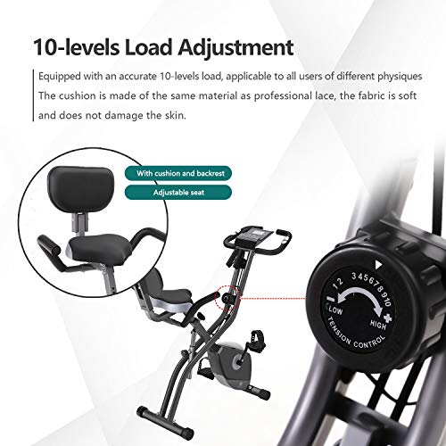 Bicicleta de Ejercicio Estática Plegable magnética Vertical Bicicleta Plegable con Respaldo 10 Niveles de Resistencia Magnética (Gris)