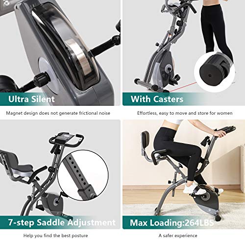 Bicicleta de Ejercicio Estática Plegable magnética Vertical Bicicleta Plegable con Respaldo 10 Niveles de Resistencia Magnética (Gris)