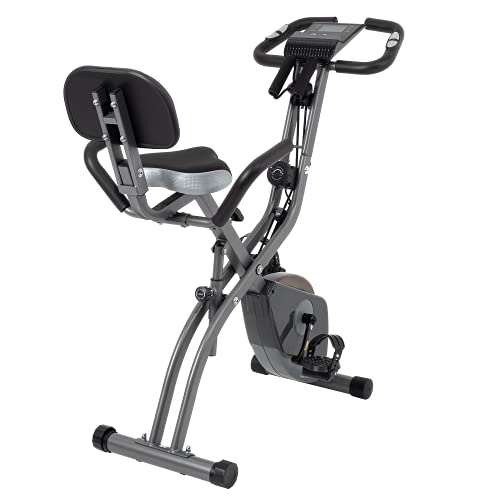 Bicicleta de Ejercicio Estática Plegable magnética Vertical Bicicleta Plegable con Respaldo 10 Niveles de Resistencia Magnética (Gris)