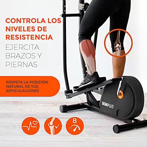 Bicicleta Elíptica Bonplus - 8 Niveles de Resistencia - Pulsómetro - Uso doméstico - Panel de Control LCD - Color Negro y Naranja - Ruedas Frontales -