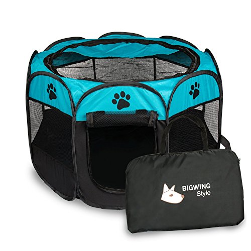 BIGWING Style Parque Mascota de Juego Entrenamiento Dormitorio Perro Gato Conejo Octágono Plegable Lavable Durable,91x91x58CM,Negro y Azúl