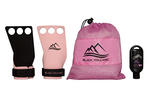 Black Volcanic - Calleras para Crossfit Mujer Rosa más magnesio líquido calistenia - Calleras para Crossfit 3H de Cuero de Fibra de Carbono Incluye magnesio líquido y Bolsa Transpirable Rosa. (S)