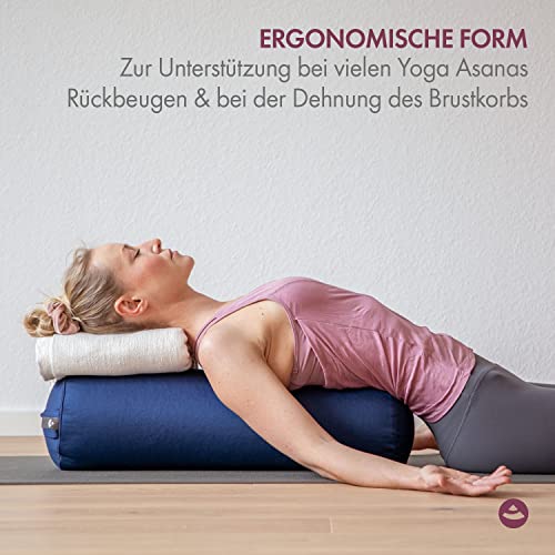 Bodhi | Yoga Bolster Eco | 100% algodón orgánico | Rollo de yoga con relleno de espelta orgánica | Funda lavable | Cojín de yoga redondo para ejercicios de yoga | Grande 65 x 22 cm | Lila